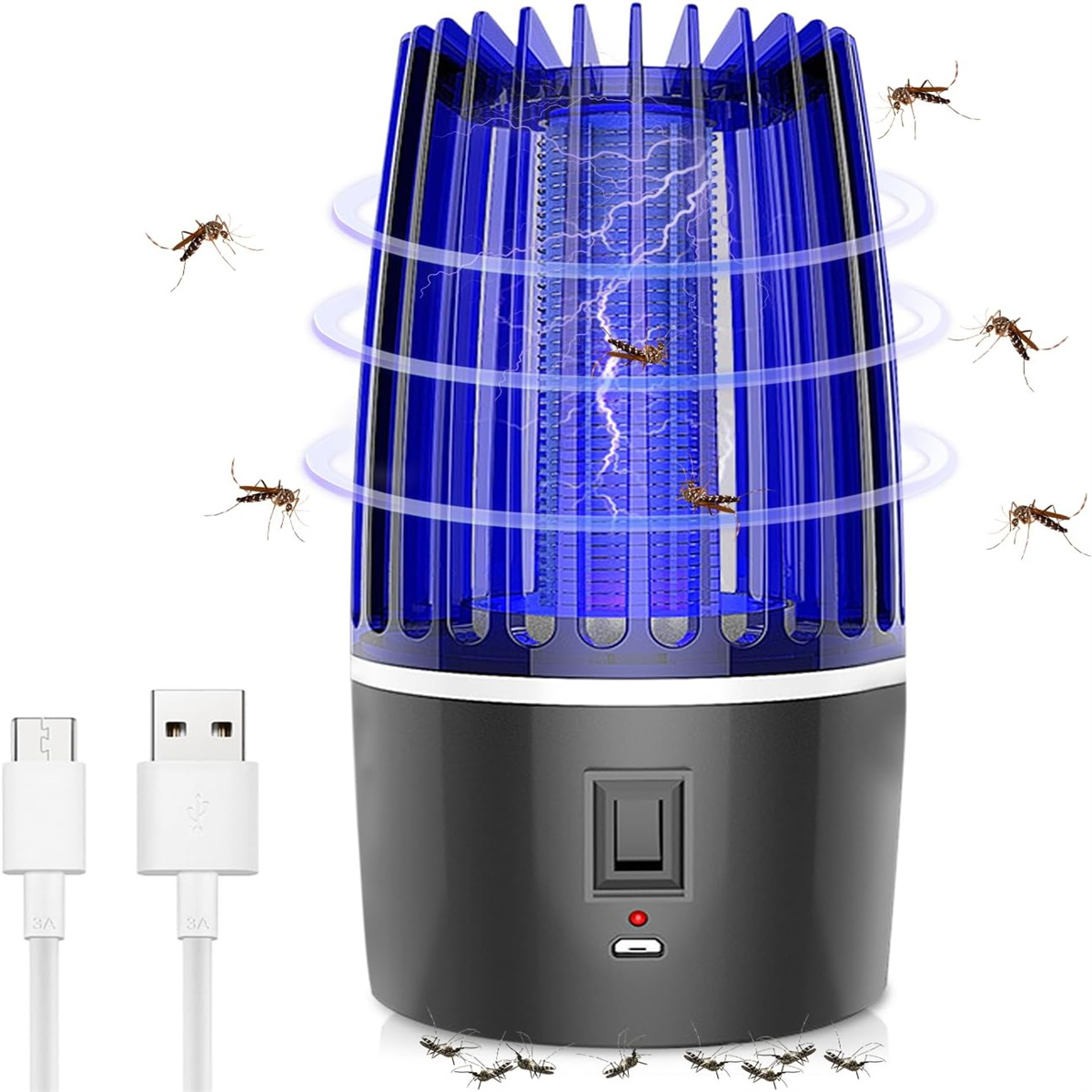 Ein blaues Moskitokiller mit schwarzem Sockel und USB-Kabel, umgeben von Insekten.