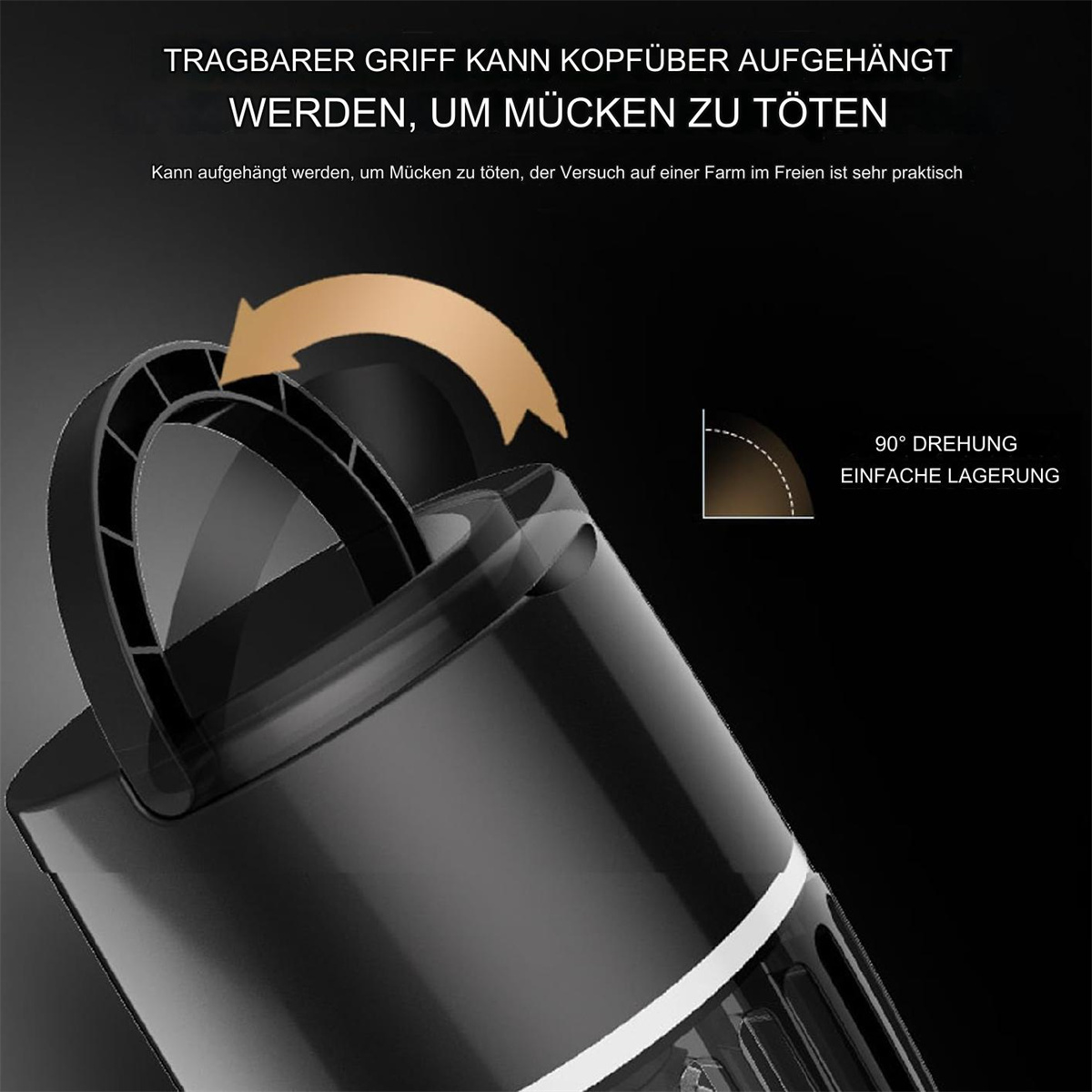 Ein schwarzes Gerät mit einem Drehgriff und einem Diagramm, das eine 90-Grad-Drehung zur Aufbewahrung veranschaulicht.