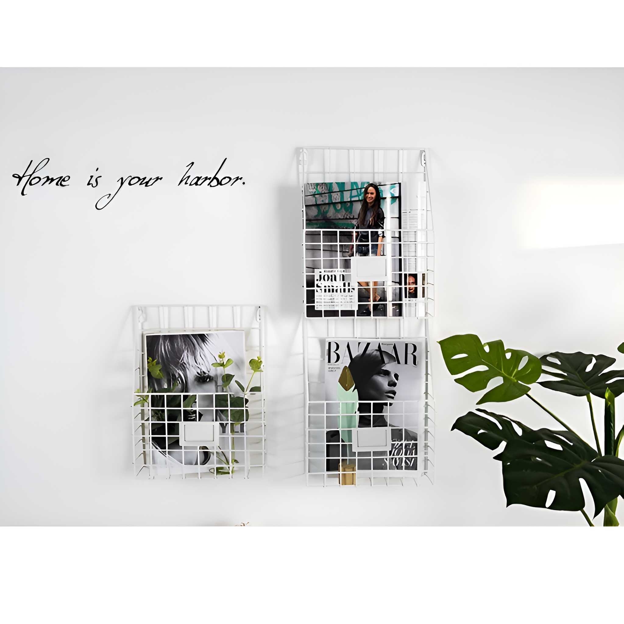 Weiße Wand mit Zeitschriftenständern. Zeitschriften und Pflanzen sind in den Ständern. Schrift an der Wand.