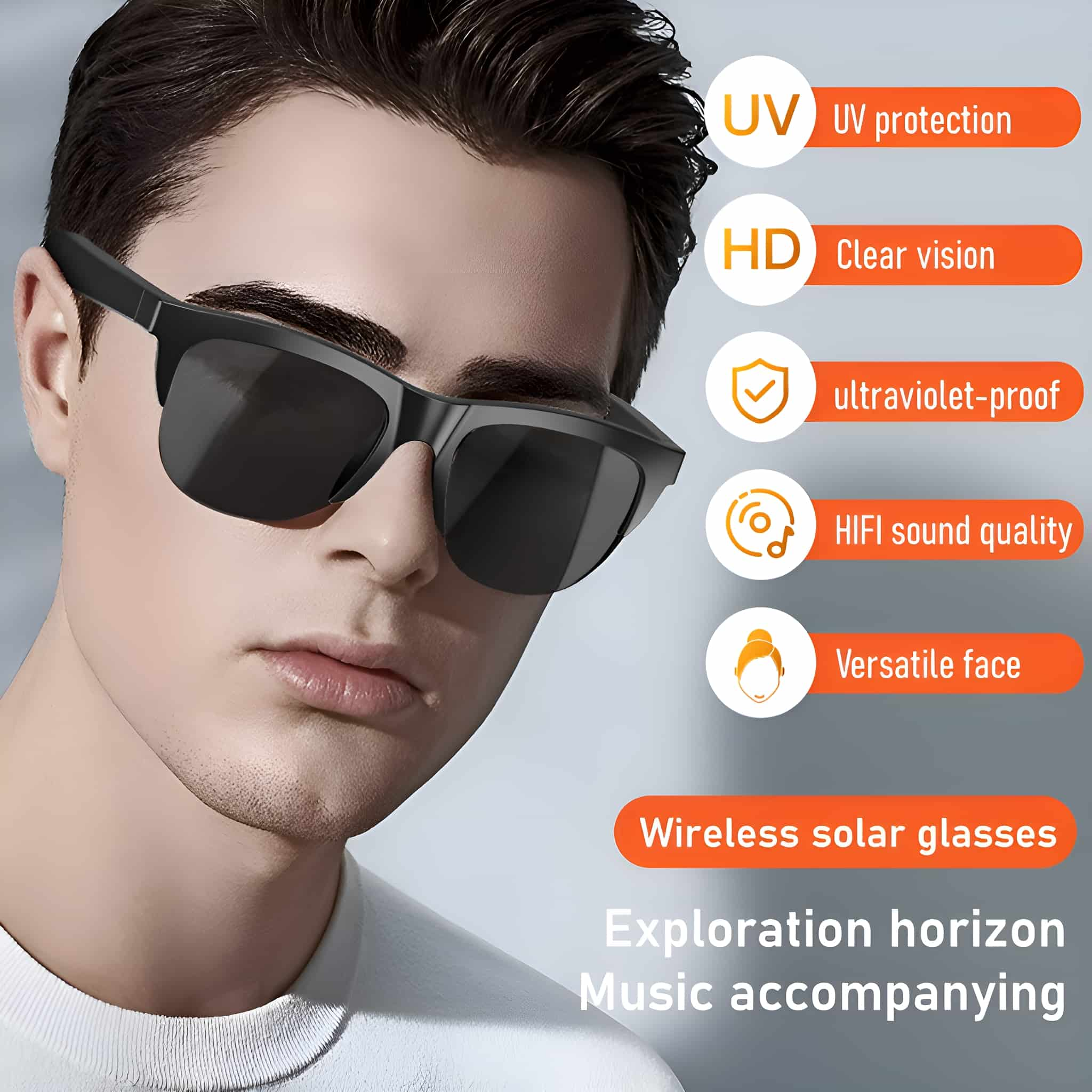 Mann mit schwarzer Sonnenbrille. Text hebt UV-Schutz, klare Sicht und HiFi-Klangqualität hervor.