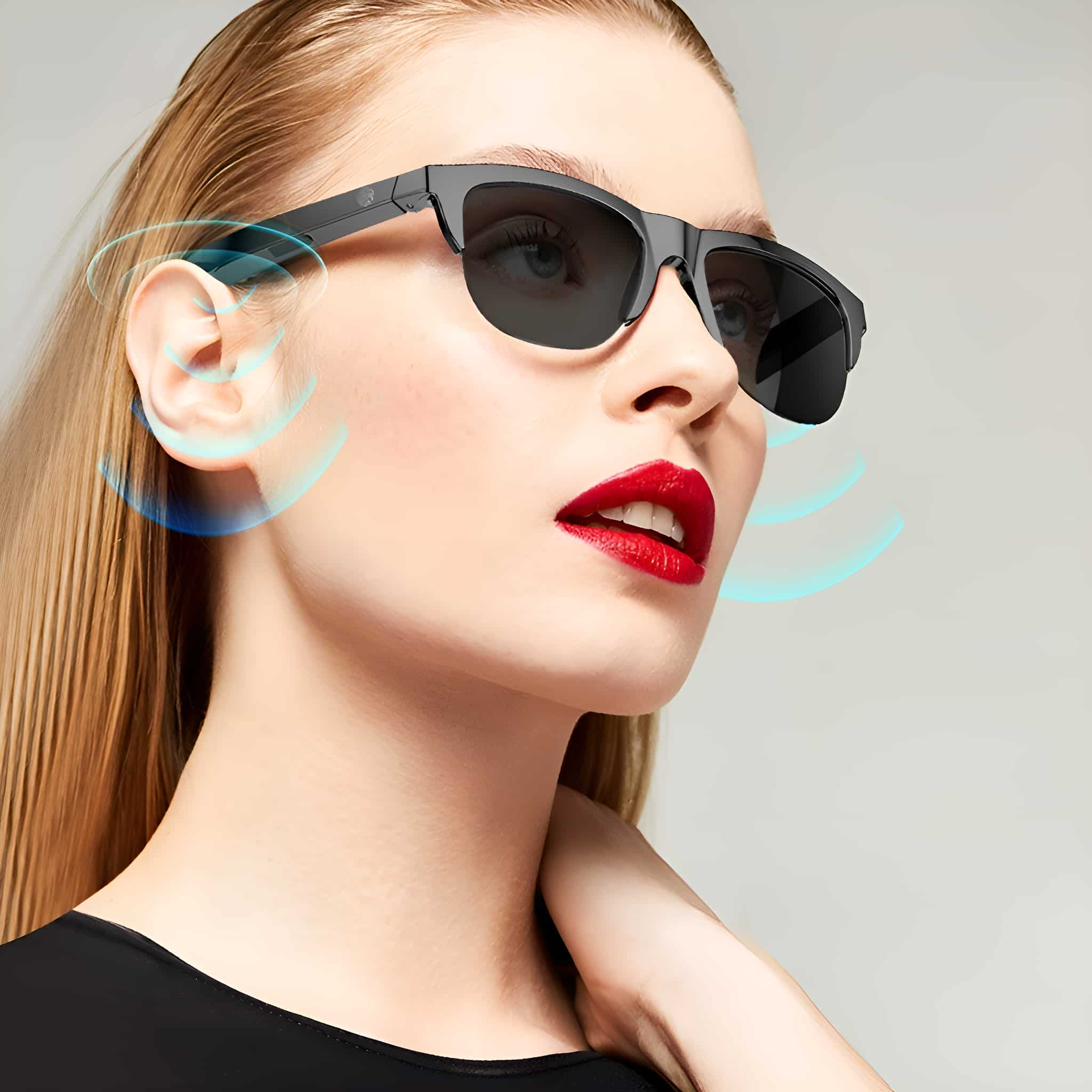 Frau trägt Sonnenbrille mit Audio-Welleneffekten. Roter Lippenstift.