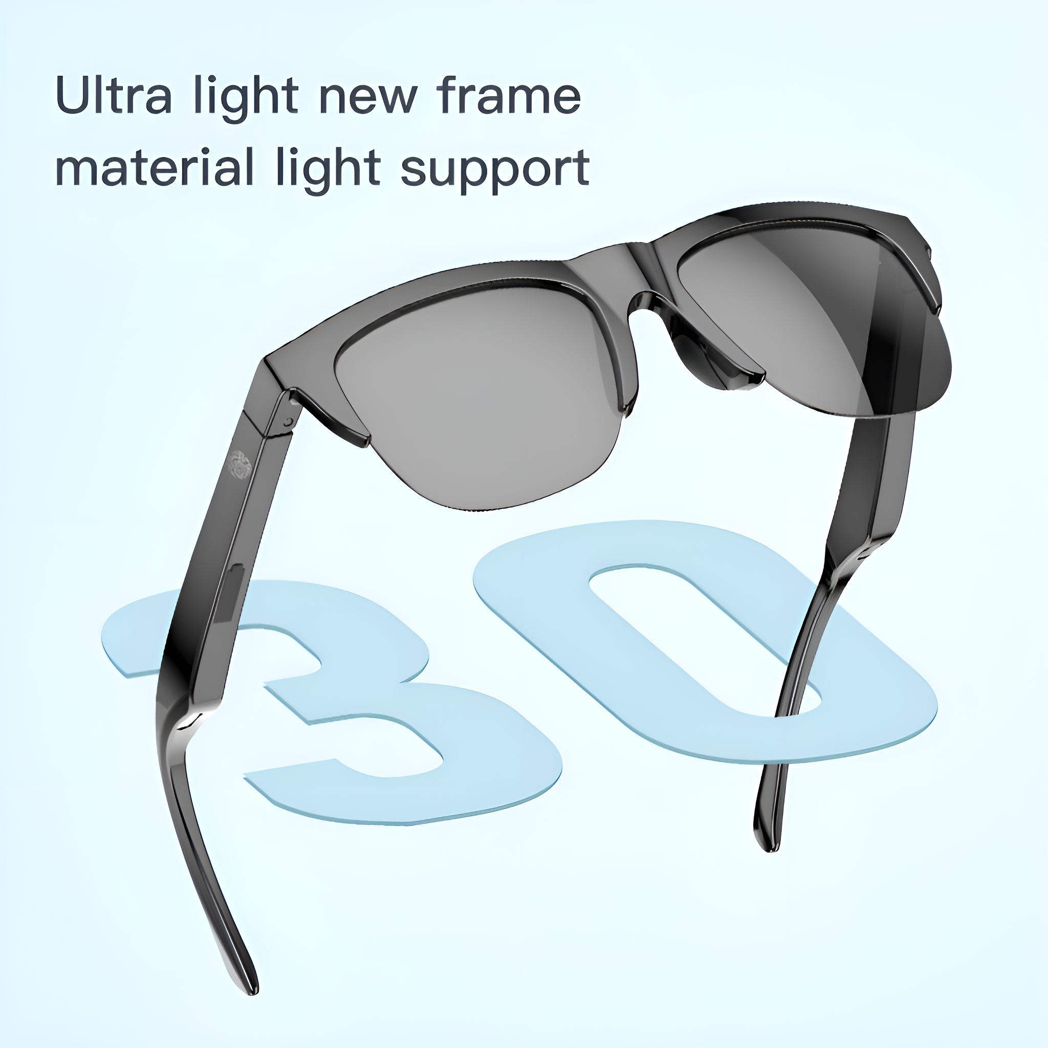 Schwarze Sonnenbrille mit hellblauer '3D'-Grafik. Text: 'Ultra light new frame material light support'.