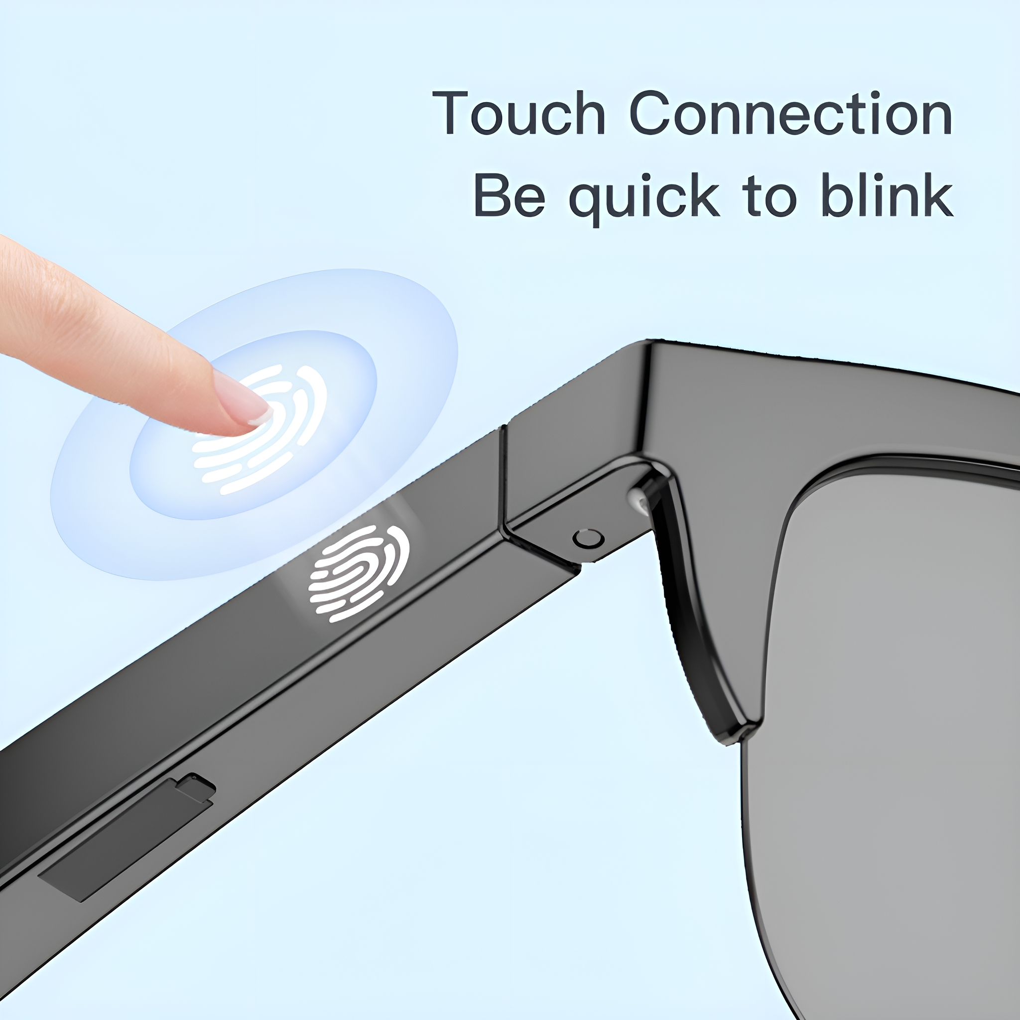 Schwarze Sonnenbrille mit Text und Fingerabdruckgrafik. Ein Finger berührt den Rahmen.