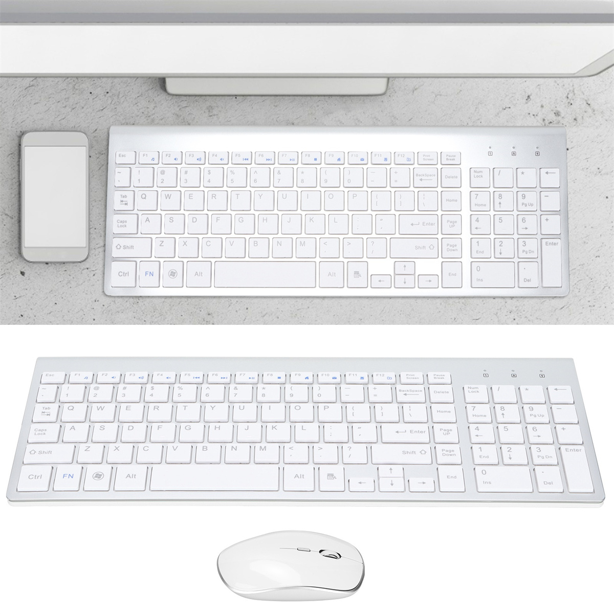 Zwei Bilder einer Tastatur und einer Maus. Eines zeigt sie auf einem Schreibtisch, das andere allein.