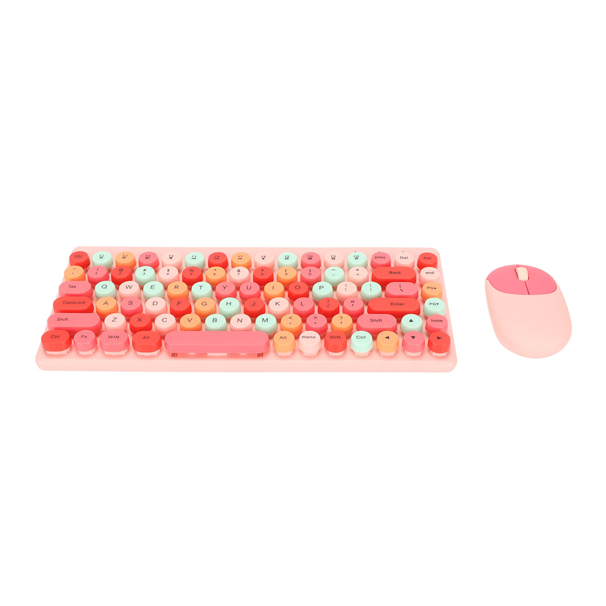 Eine rosa Tastatur und eine rosa Maus auf weißem Hintergrund. Die Tastatur hat bunte Tasten.