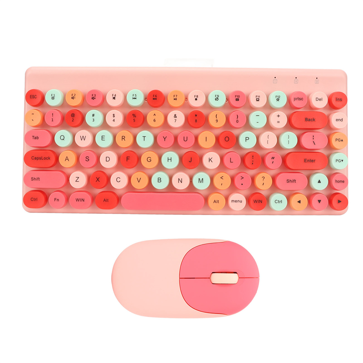 Ein rosa Tastatur- und Maus-Set. Die Tastatur hat runde, bunte Tasten.