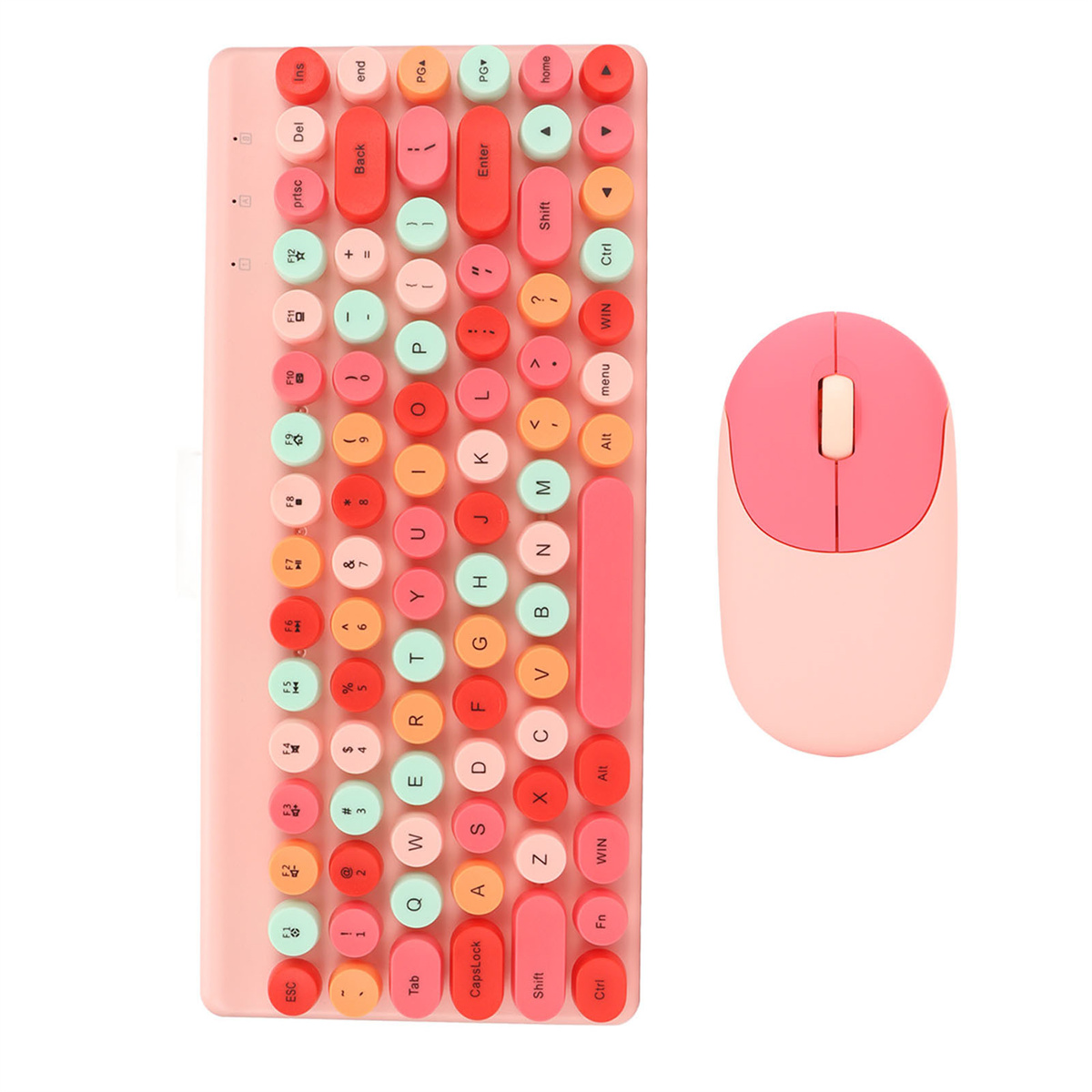 Ein pinkfarbenes Tastatur- und Maus-Set. Die Tastatur hat mehrfarbige Tasten und die Maus ist pink und kompakt.