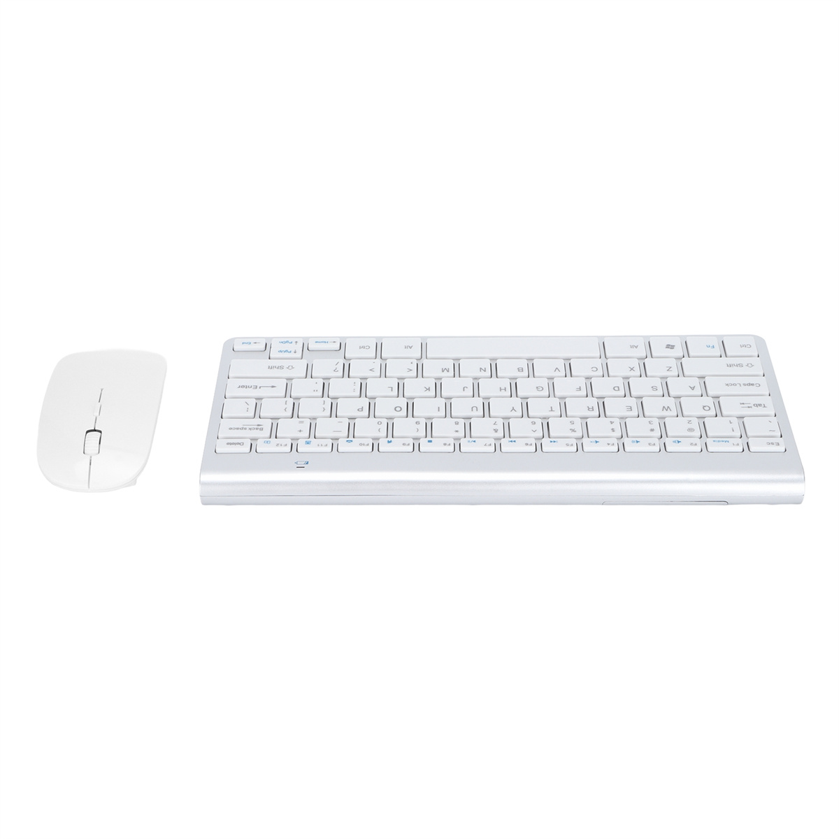 Weiße Tastatur und Maus auf weißer Oberfläche. Die Tastatur ist rechteckig.