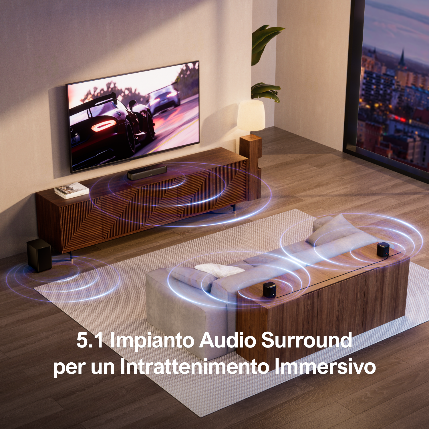 Un soggiorno con TV, soundbar e altoparlanti. Testo: Sistema audio surround 5.1.