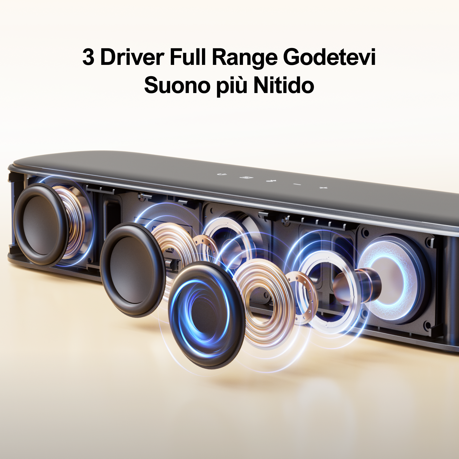 Soundbar con componenti interni evidenziati da effetti luce blu.