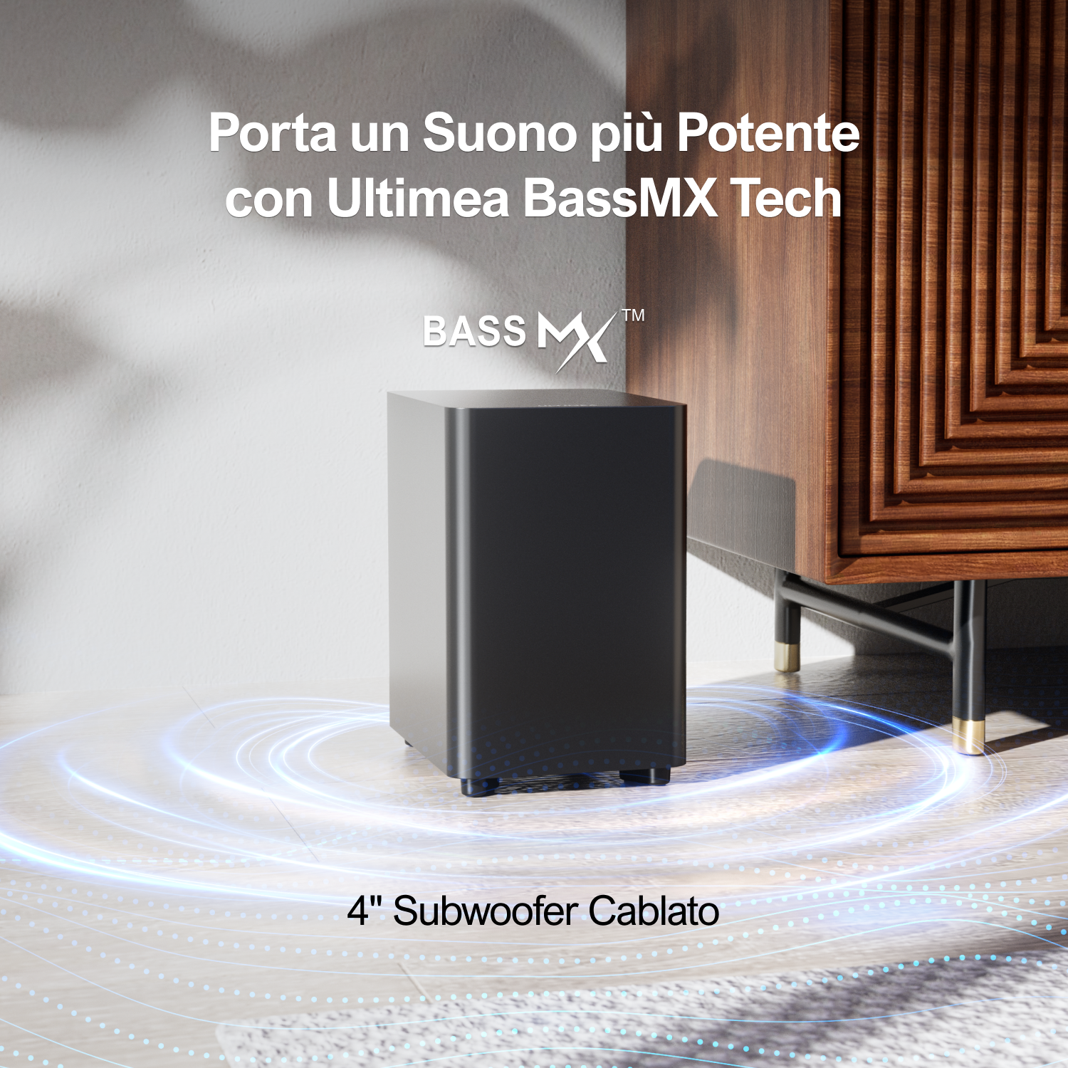 Un subwoofer nero con testo: Porta un suono più potente con Ultimea BassMX Tech, Subwoofer cablato da 4".