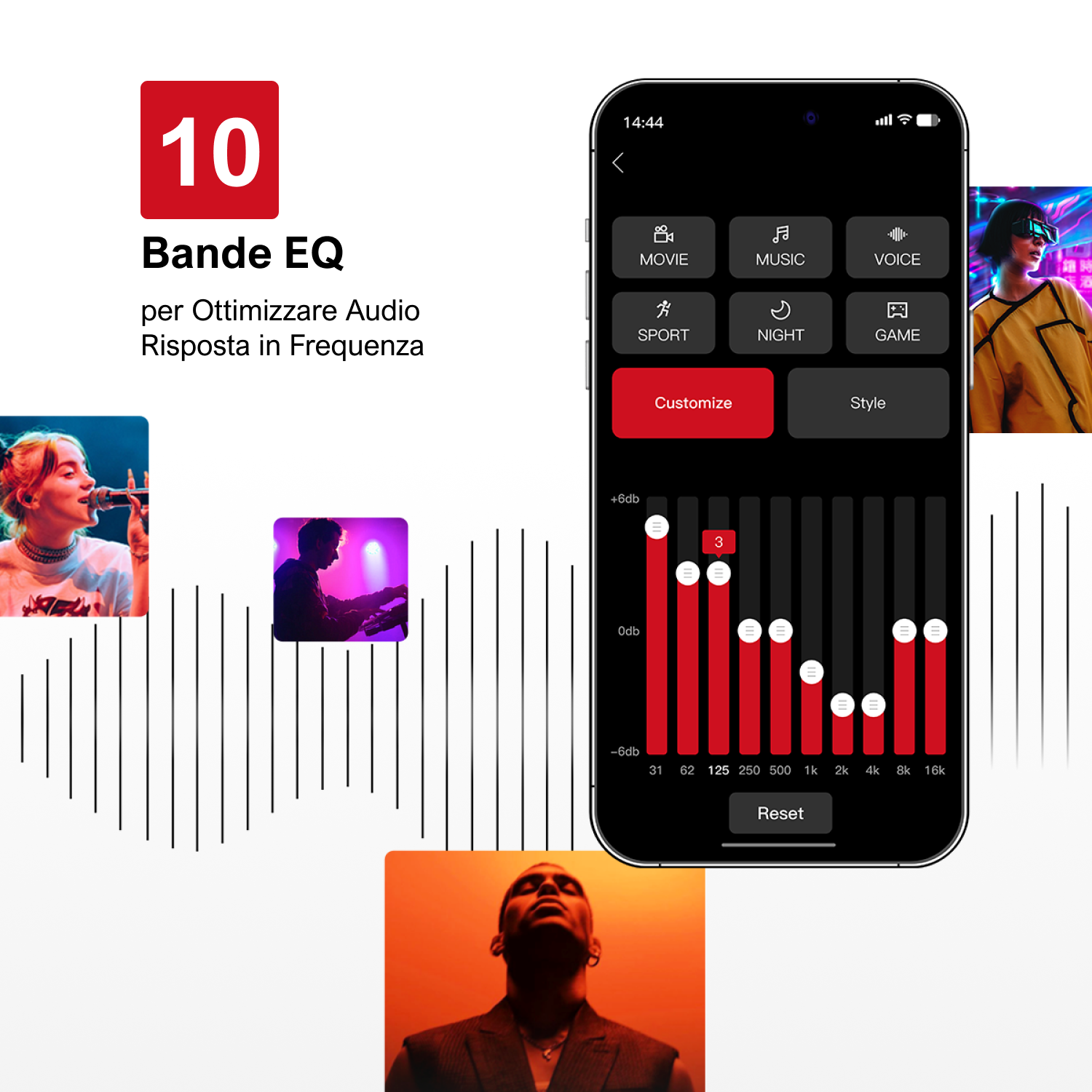 Schermo di smartphone che mostra un'app di equalizzatore audio con un EQ a 10 bande e impostazioni personalizzabili.
