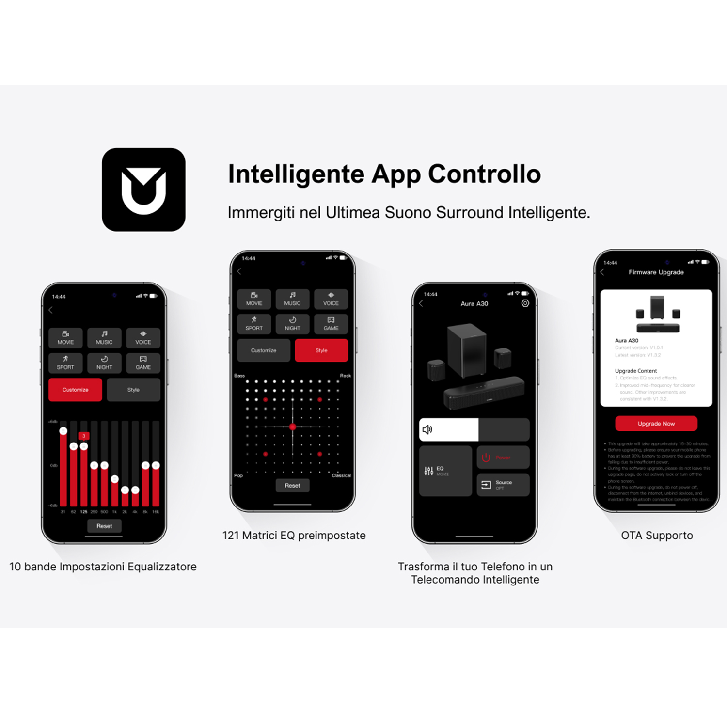 Interfaccia dell'app mobile che mostra impostazioni e funzioni audio.