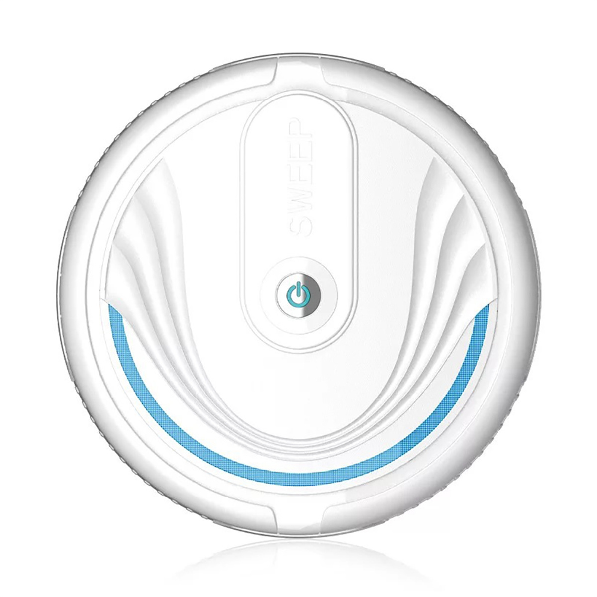 Weißer, runder Roboter-Staubsauger. Es hat einen blauen Akzent und einen Ein-/Ausschalter.
