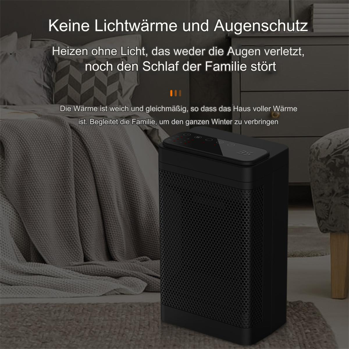 Ein schwarzer Heizlüfter in einem Raum. Text an der Wand, ein Bett und eine graue Decke.