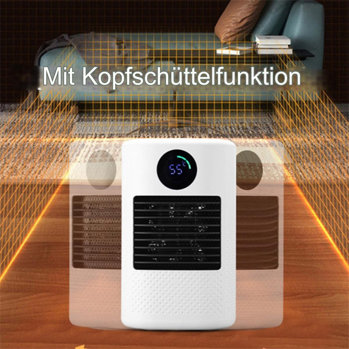 Eine weiße Heizung zeigt 55 Grad an. Ein unscharfer Hintergrund zeigt eine Couch und einen Teppich. Der Text "Mit Kopfschüttelfunktion".