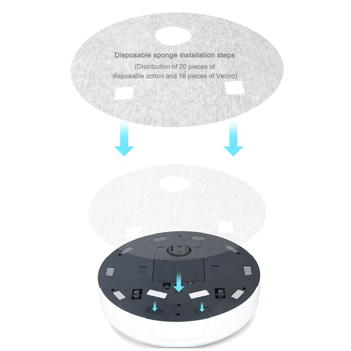 Diagramm, das die Installation eines Einwegschwamms auf einem Roboter-Staubsauger zeigt.