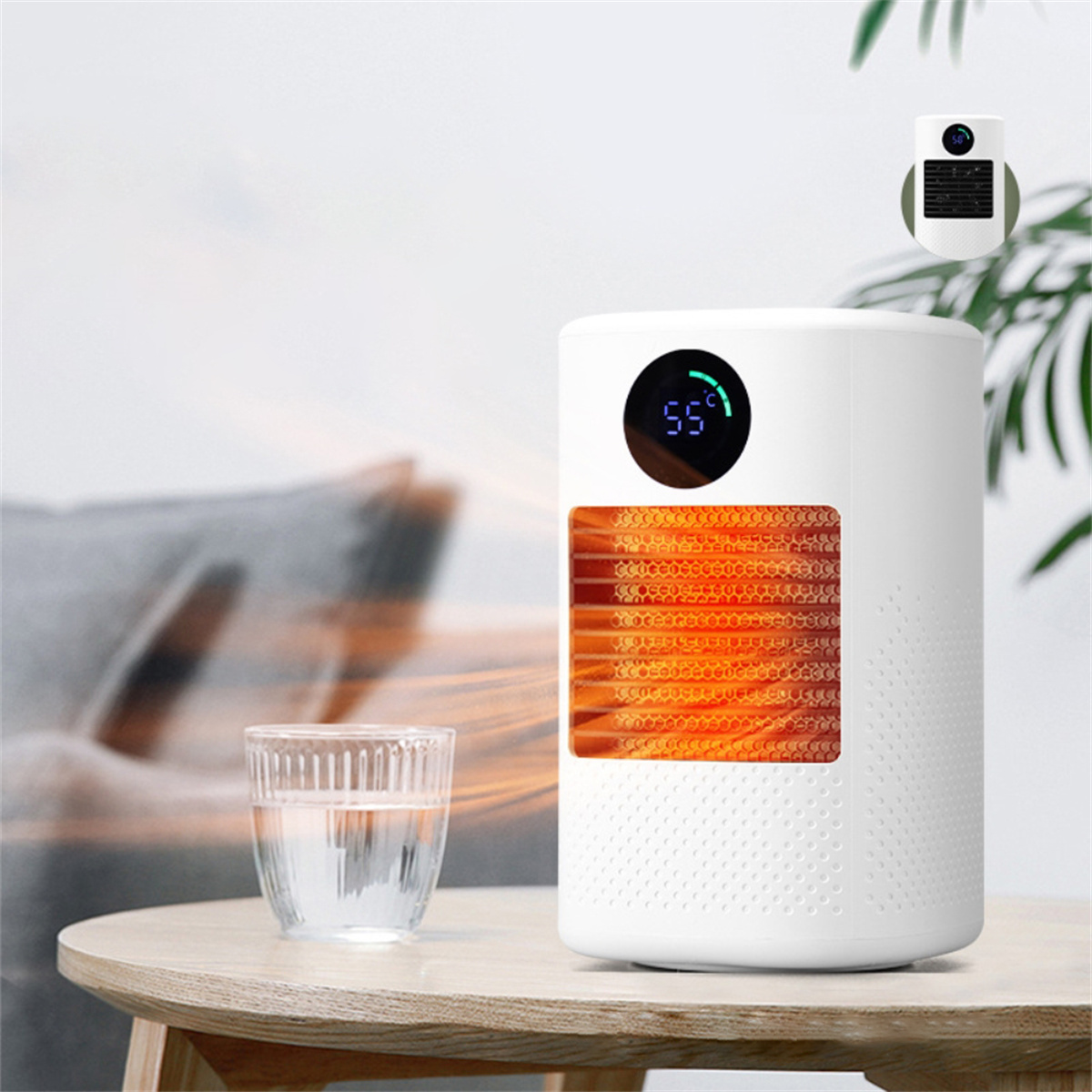 Ein weißer, zylindrischer Heizlüfter mit digitaler Anzeige und einem Glas Wasser.