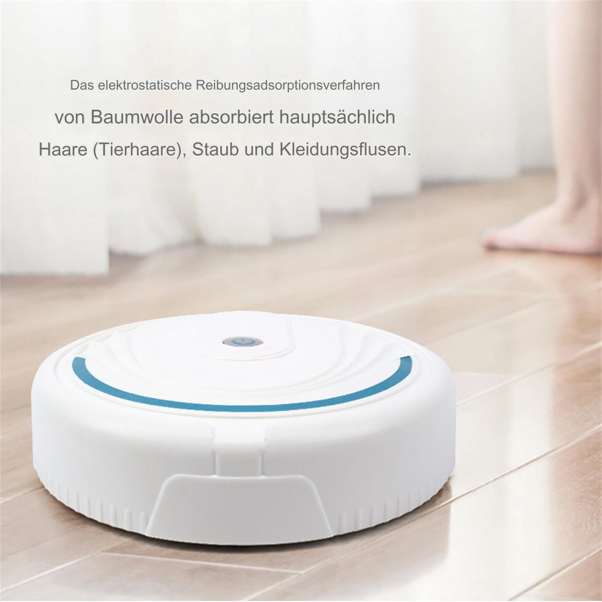 Weißer Roboter-Staubsauger auf einem Holzboden. Eine barfüßige Person steht im Hintergrund.