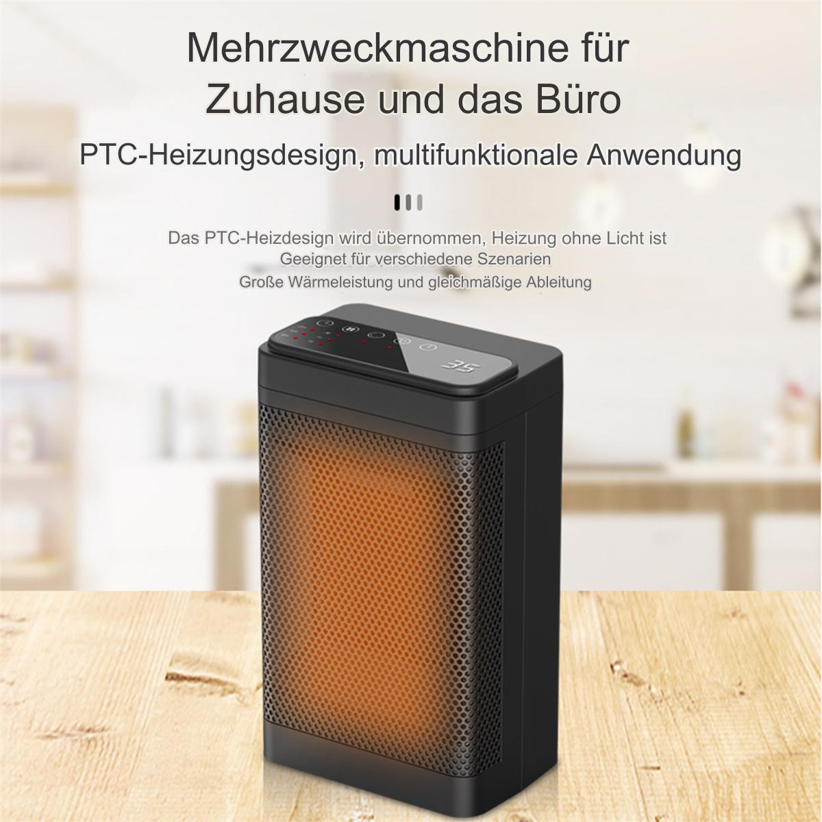 Schwarze Heizung mit Digitalanzeige. Text: 'Mehrzweckmaschine für Zuhause und das Büro'.