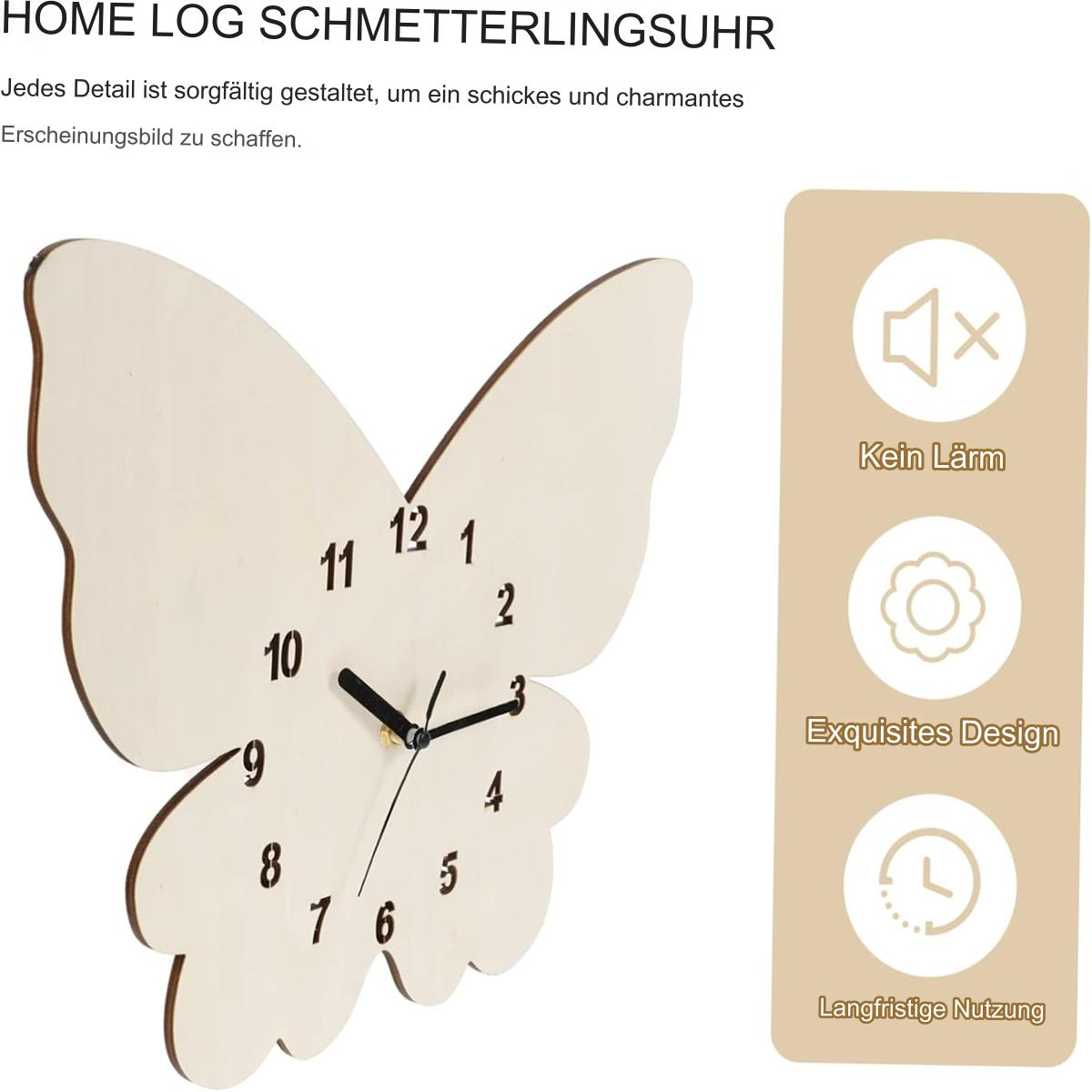 Eine hölzerne Schmetterlingsuhr mit schwarzen Zeigern, umgeben von Text und Symbolen.