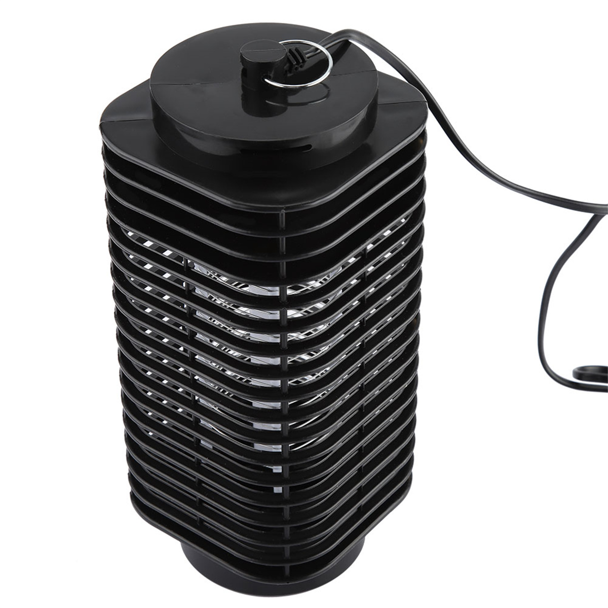 Ein schwarzer Insektenvernichter mit zylindrischer Form und schwarzem Netzkabel.