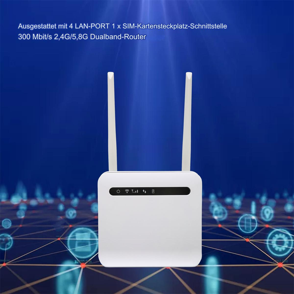 Weißer Router mit zwei Antennen, vor blauem Hintergrund mit Datensymbolen.
