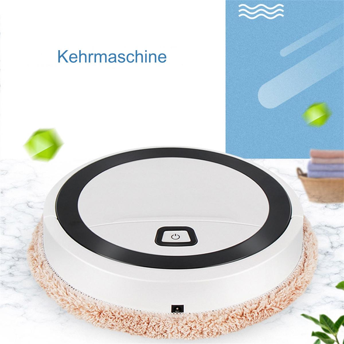 Ein weißer Roboter-Staubsauger mit schwarzem Ring, der eine Marmoroberfläche reinigt. Das Wort 'Kehrmaschine' ist sichtbar.