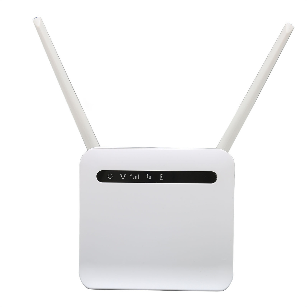 Weißer Router mit zwei Antennen. Strom-, Internet- und Signal-Icons. Weißer Hintergrund.