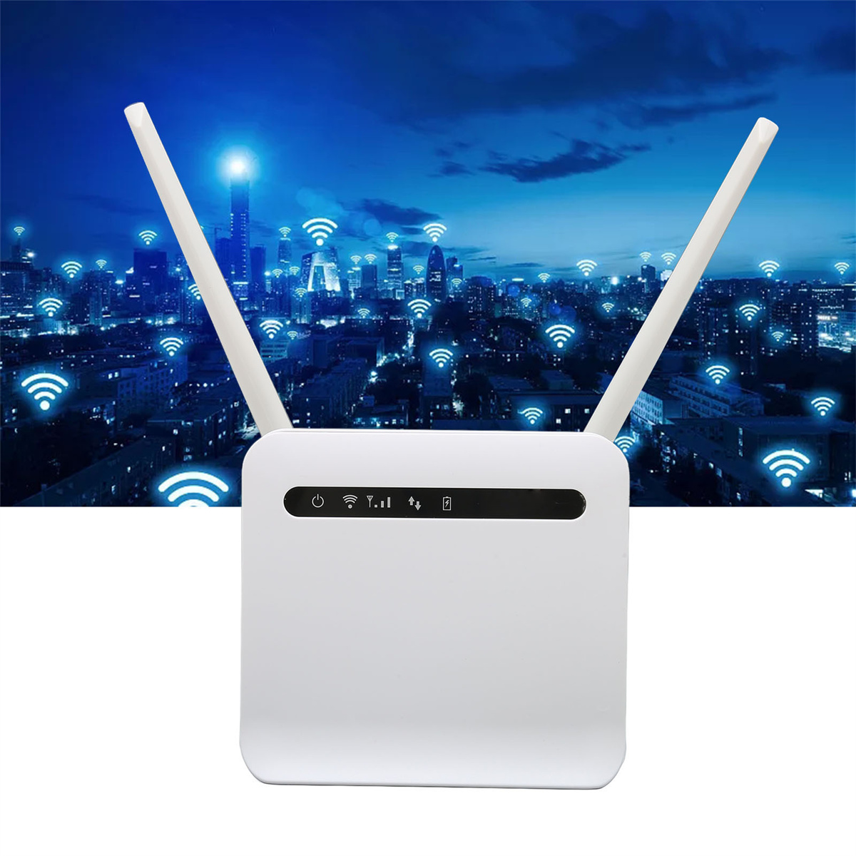 Ein weißer Router wird vor einem Stadtkulisse gezeigt. Er hat zwei Antennen, und WLAN-Signal-Symbole sind sichtbar.