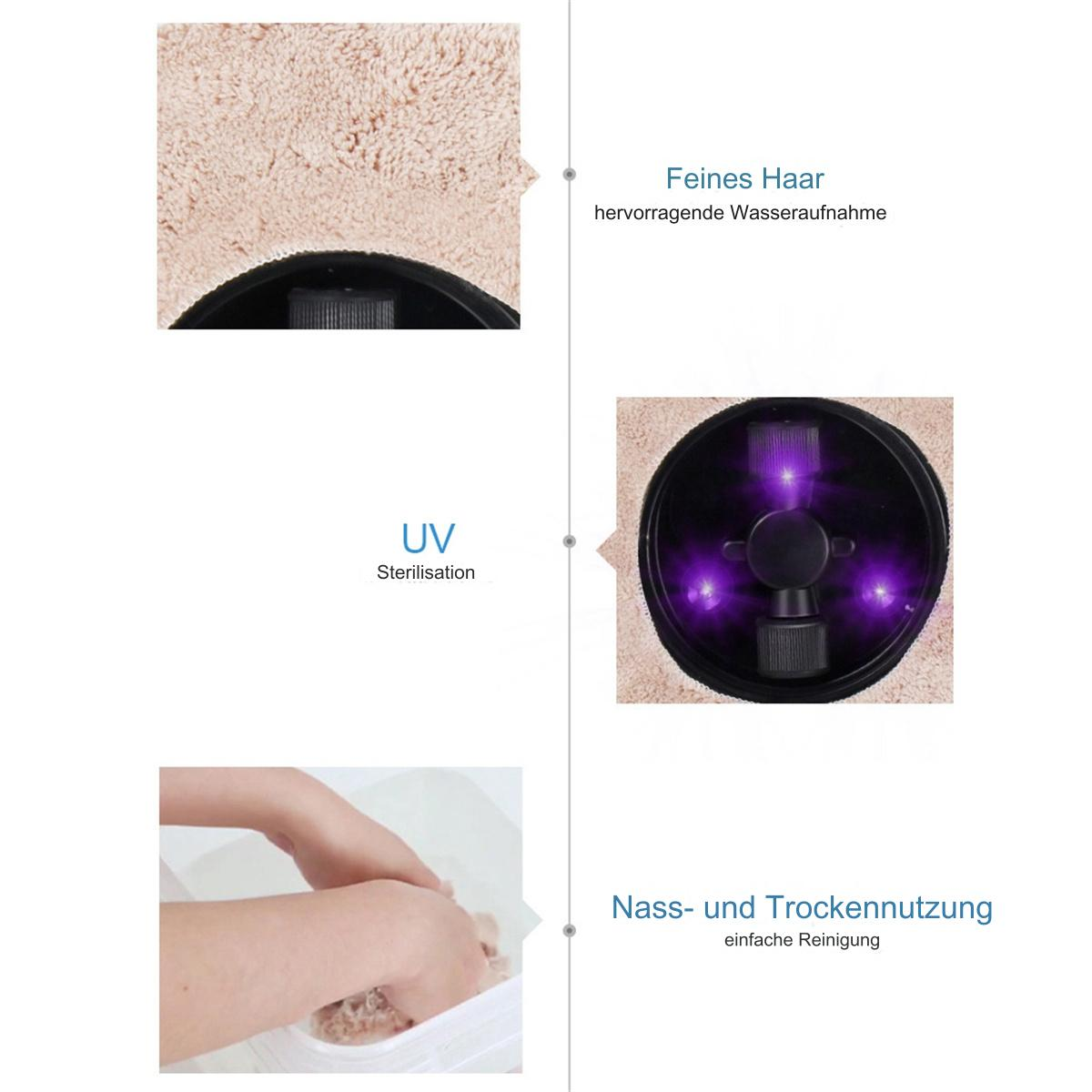 Ein Fußreiniger mit verschiedenen Details. Zeigt feines Haar, UV-Sterilisation und Verwendung mit nass und trocken.