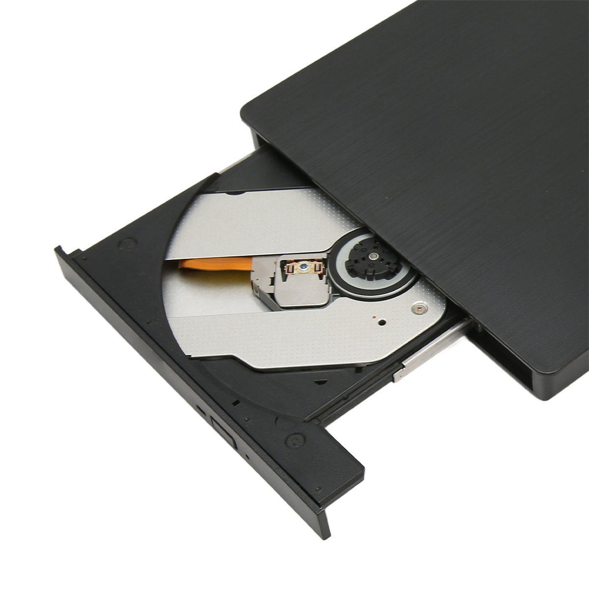 Ein offenes, schwarzes externes CD/DVD-Laufwerk, das das CD-Fach und die internen Komponenten zeigt.