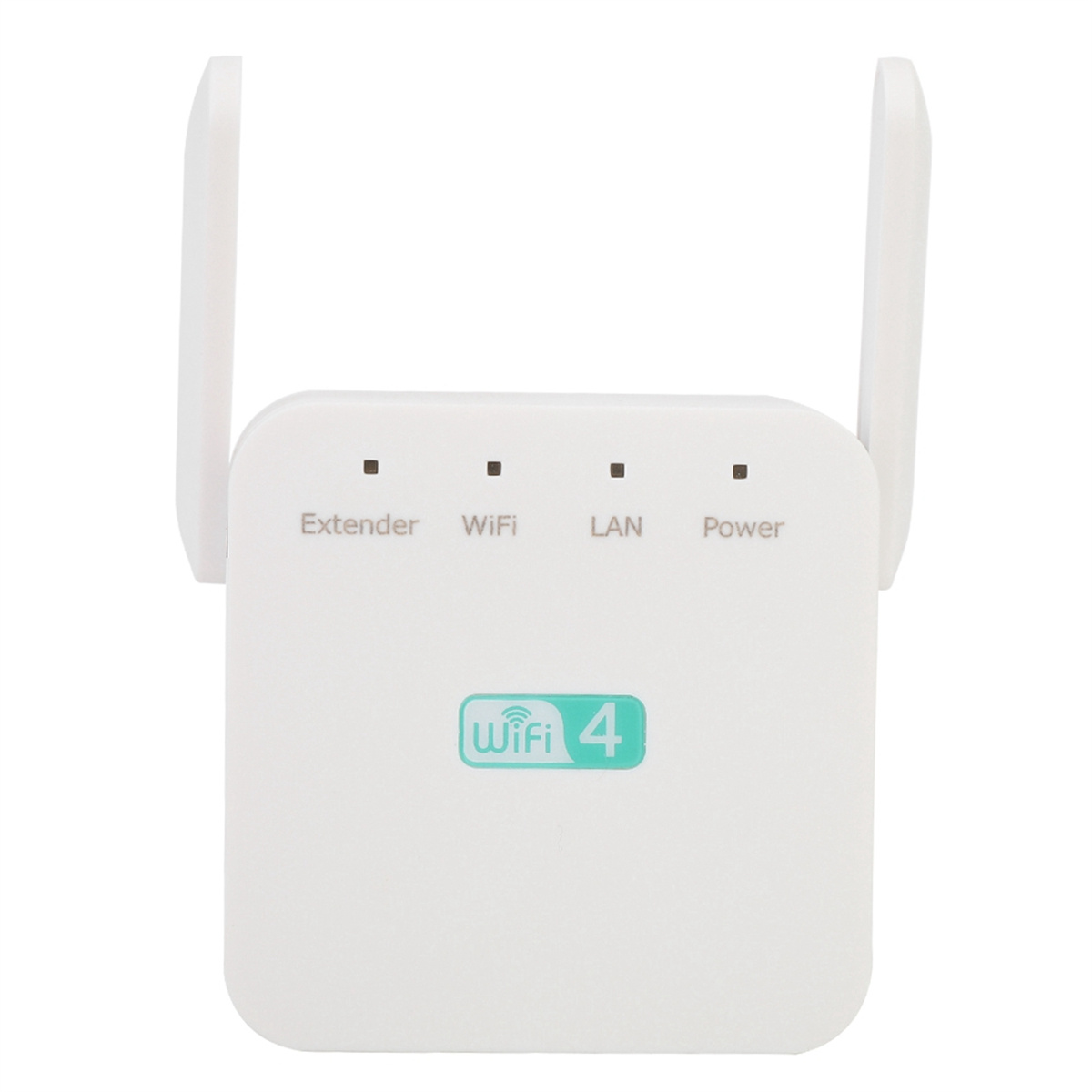 Ein weißer WLAN-Repeater mit zwei Antennen. Er hat Kontrollleuchten und das Wort 'WiFi' auf der Vorderseite.