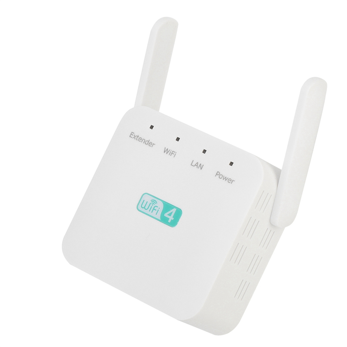 Weißer WLAN-Extender mit zwei Antennen, Bezeichnungen: Extender, WIFI, LAN, Power.