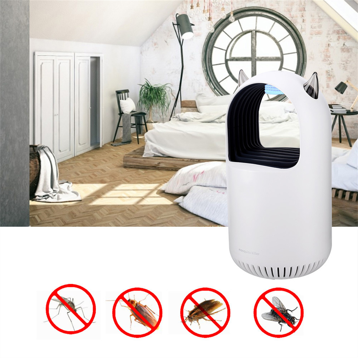 Ein weißer Moskitokiller in einem Schlafzimmer. Keine Mücken-Zeichen gezeigt.