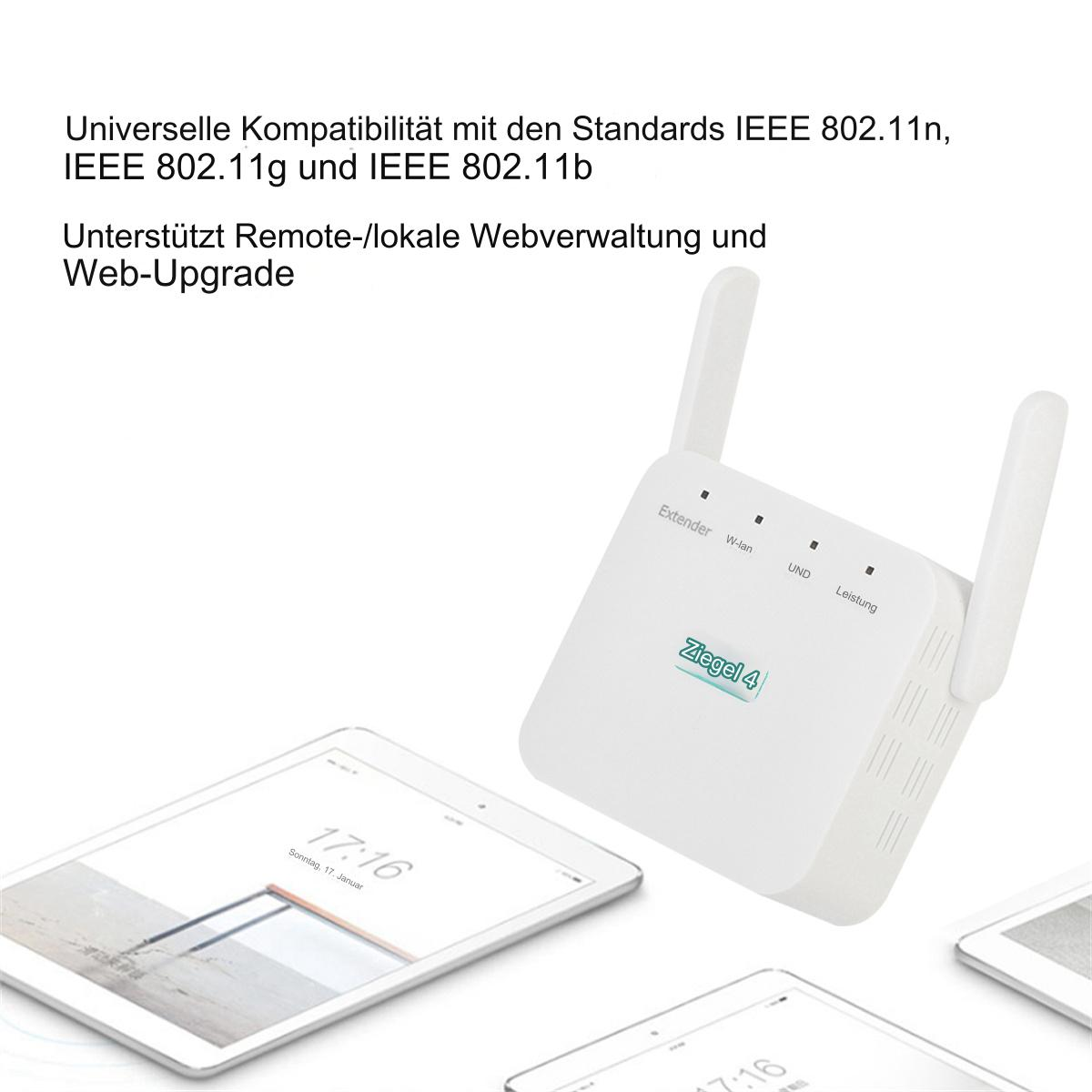 Weißer Router mit zwei Antennen, mit Text und Tablets.