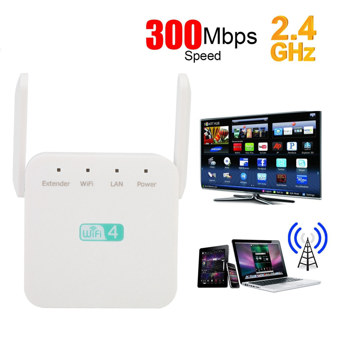 Weißer WLAN-Extender mit Antennen. Geräte wie Fernseher, Laptop und Telefon sind verbunden. 300 Mbit/s Geschwindigkeit und 2,4 GHz.