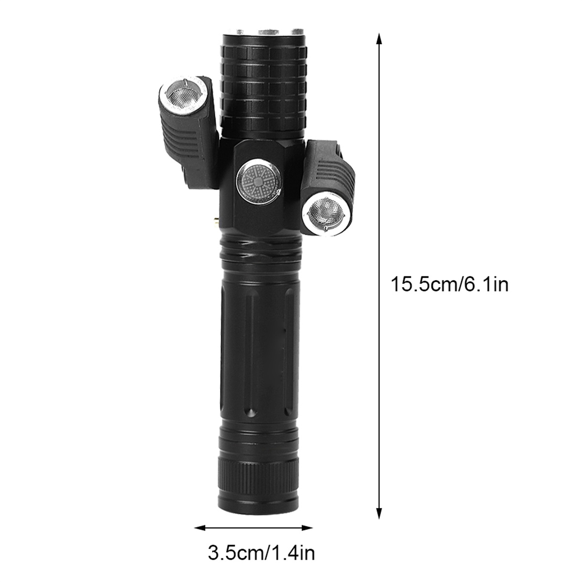 Eine schwarze Taschenlampe mit drei Lichtern. Abmessungen: 15,5 cm/6,1 Zoll hoch, 3,5 cm/1,4 Zoll breit.