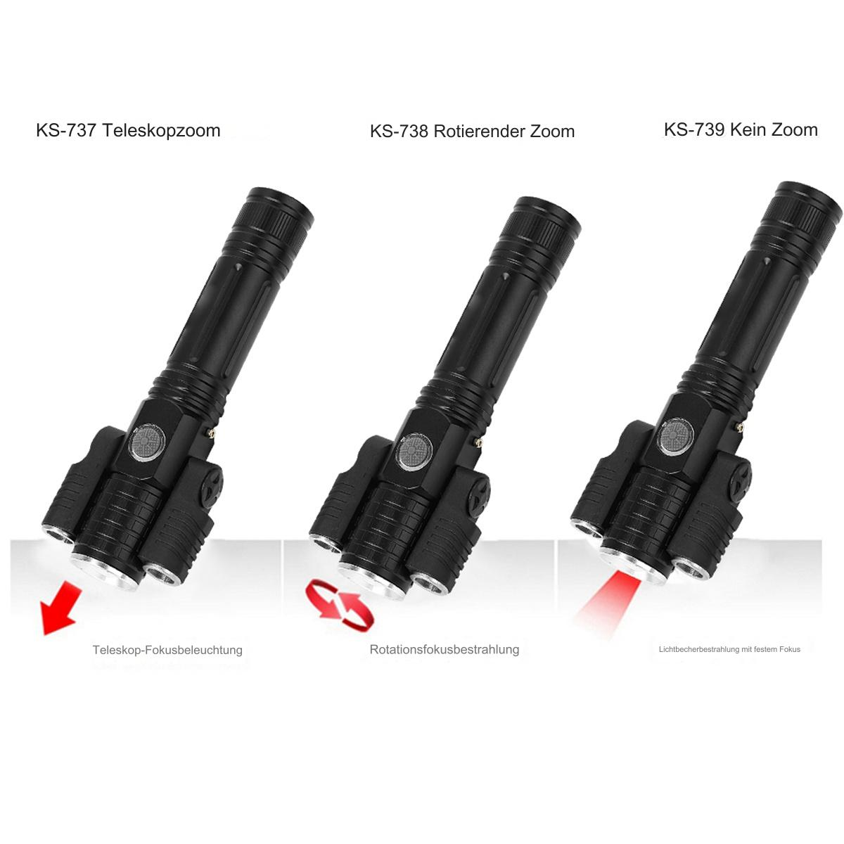 Drei schwarze Taschenlampen mit verschiedenen Beleuchtungsmodi. Weißer Hintergrund.