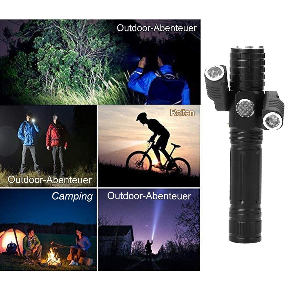 Schwarze Taschenlampe mit 3 Lichtern. Menschen, die nachts Taschenlampen benutzen. Schwarz-Weiß-Bilder.