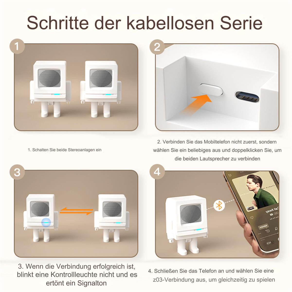 Schritte zum Verbinden von zwei weißen Lautsprechern mit einem Smartphone via Bluetooth.