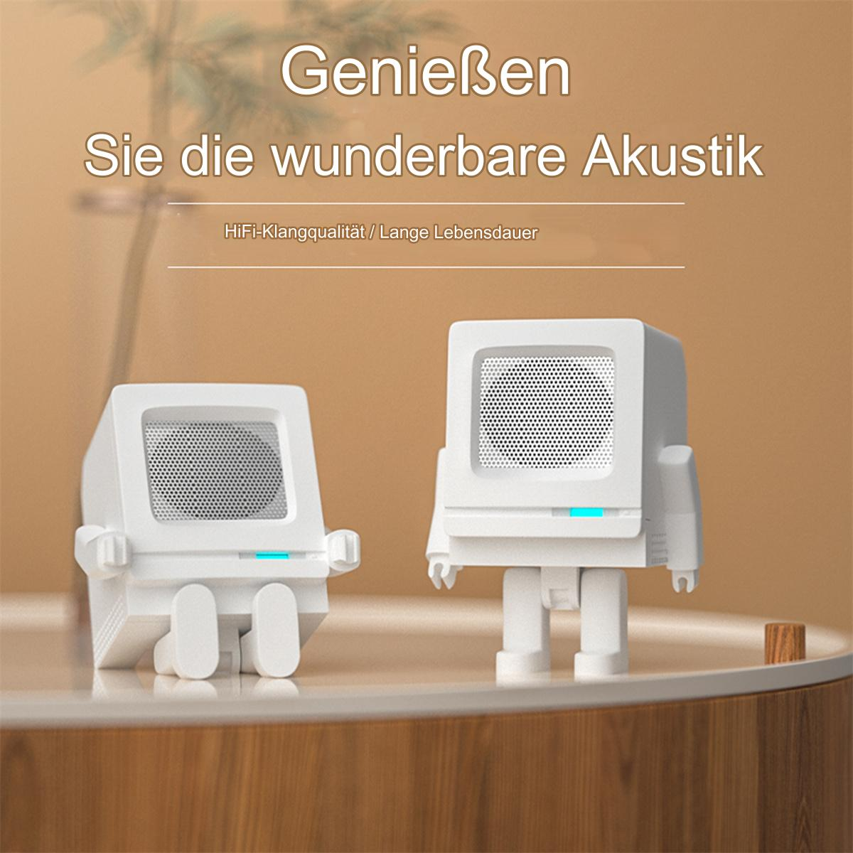 Zwei weiße Lautsprecher in Roboterform auf einem Tisch, mit deutschem Text: 'Genießen Sie die wunderbare Akustik'.