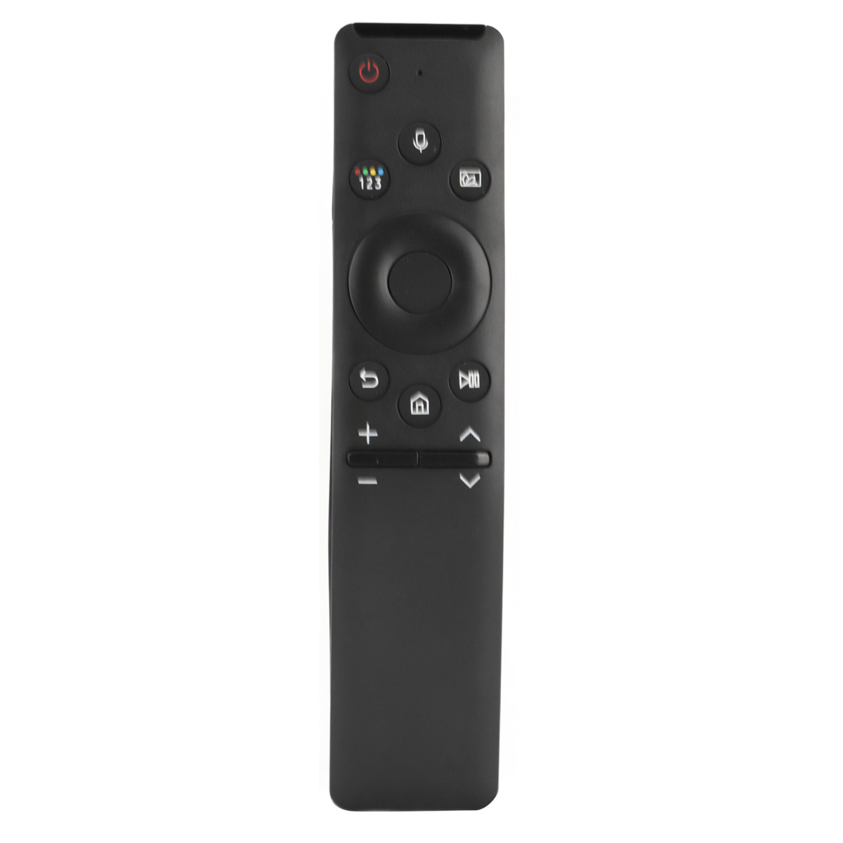 Schwarze TV-Fernbedienung. Sie hat verschiedene Tasten, darunter Ein/Aus, Lautstärke und ein Steuerkreuz.