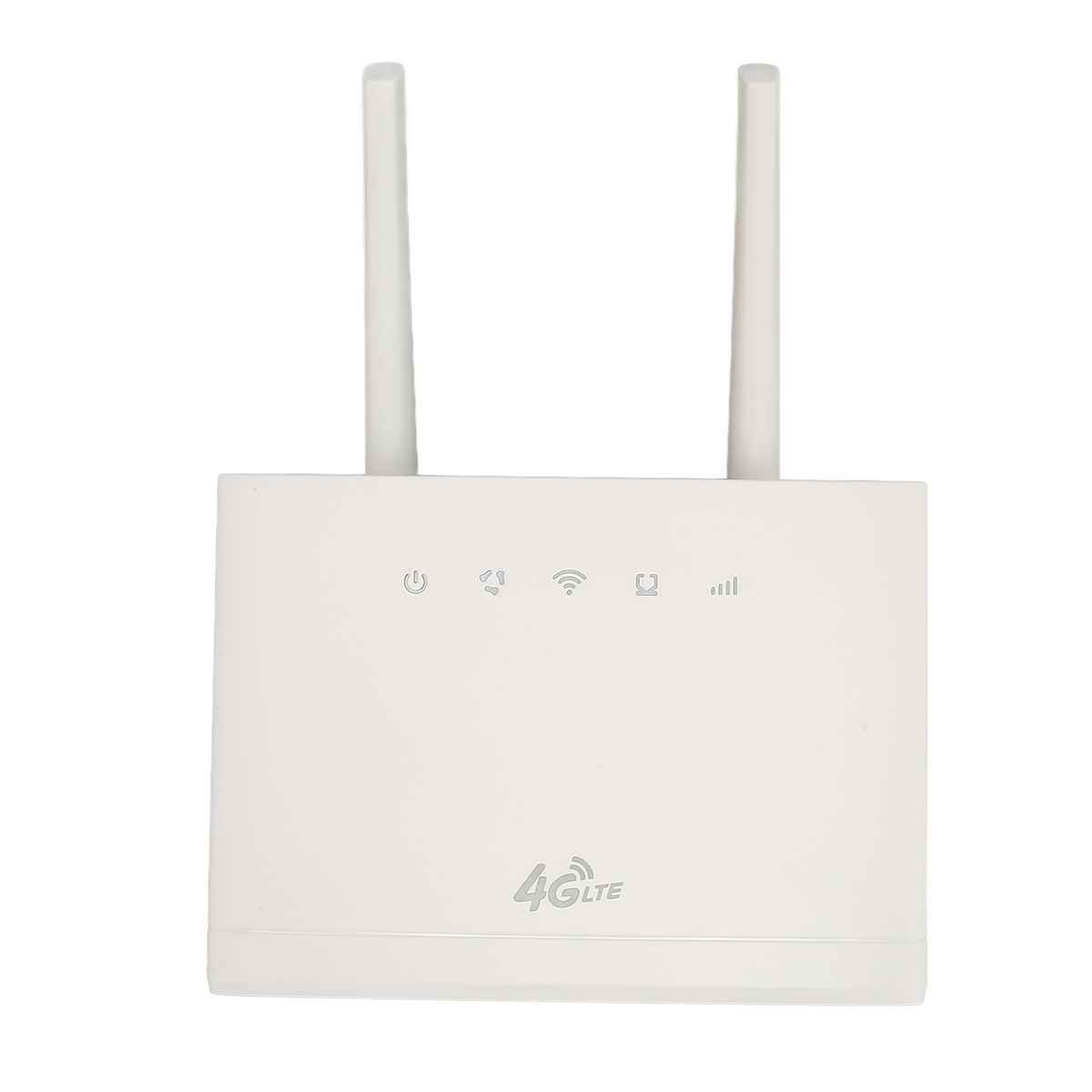 Ein weißer Router mit zwei Antennen und vier Kontrollleuchten. Es ist auf Weiß isoliert.
