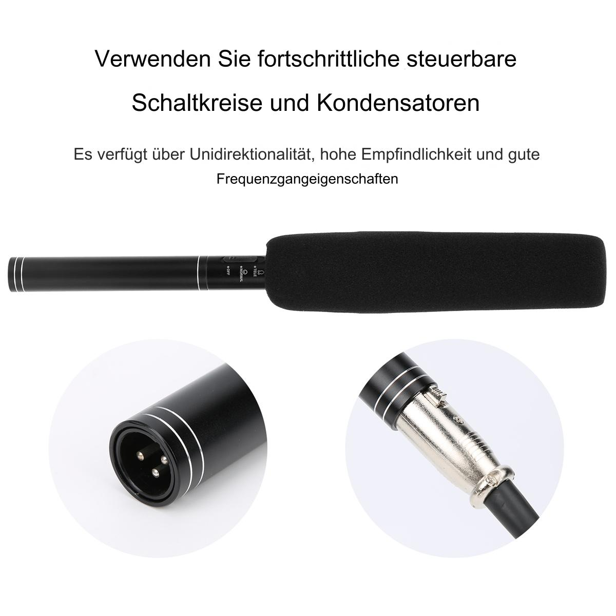 Ein schwarzes Mikrofon mit Schaumstoffhülle, gezeigt mit Nahaufnahmen seiner Enden.