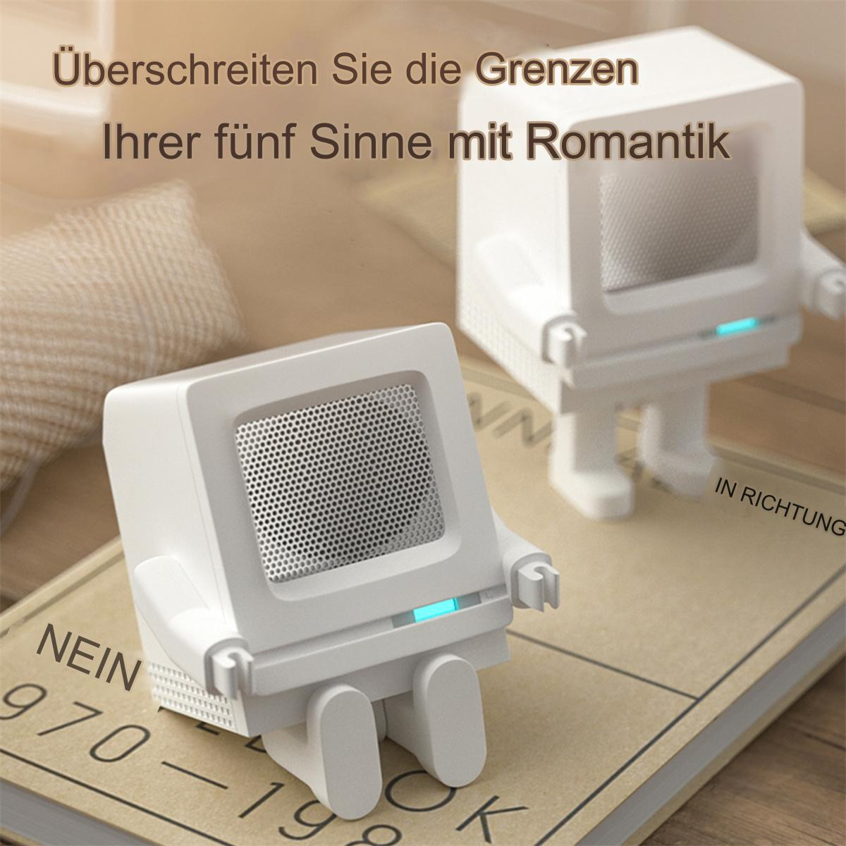 Zwei weiße roboterartige Lautsprecher auf einem Buch, mit Text.