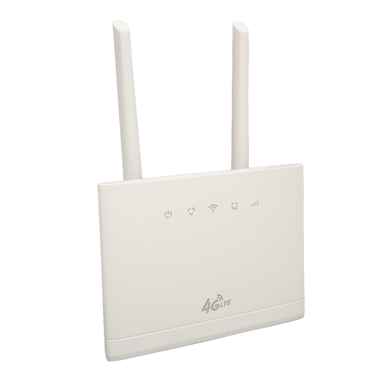 Weißer Router mit zwei Antennen. Strom-, Wi-Fi- und Signal-LEDs sichtbar.