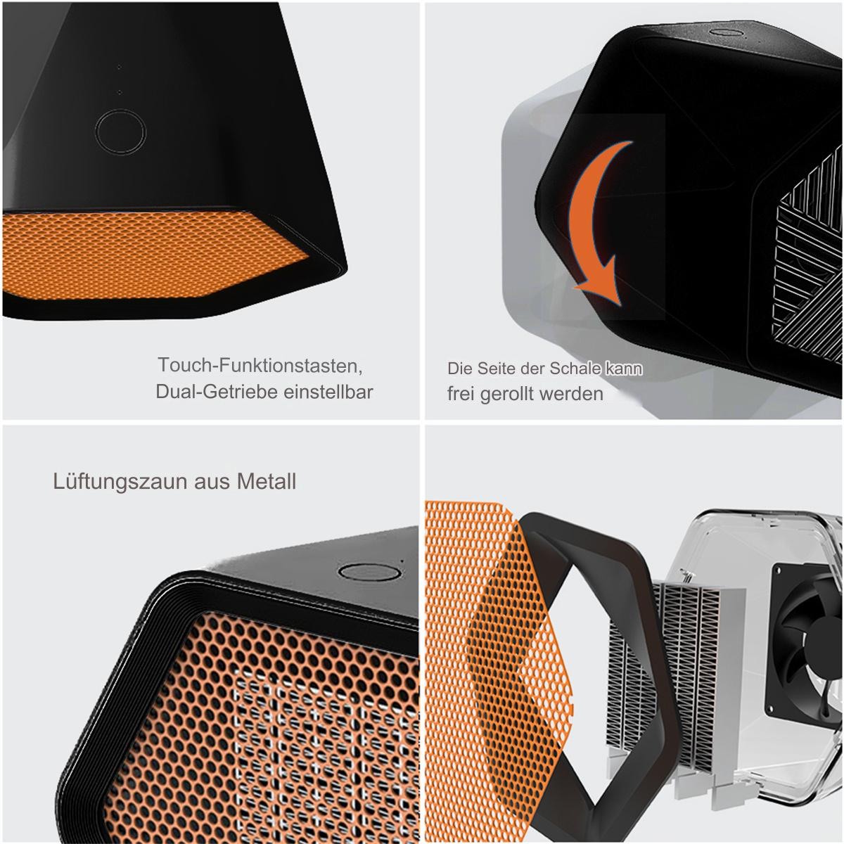 Nahaufnahmen eines schwarz-orangenen Elektroheizers, die sein Design und seine inneren Komponenten hervorheben.