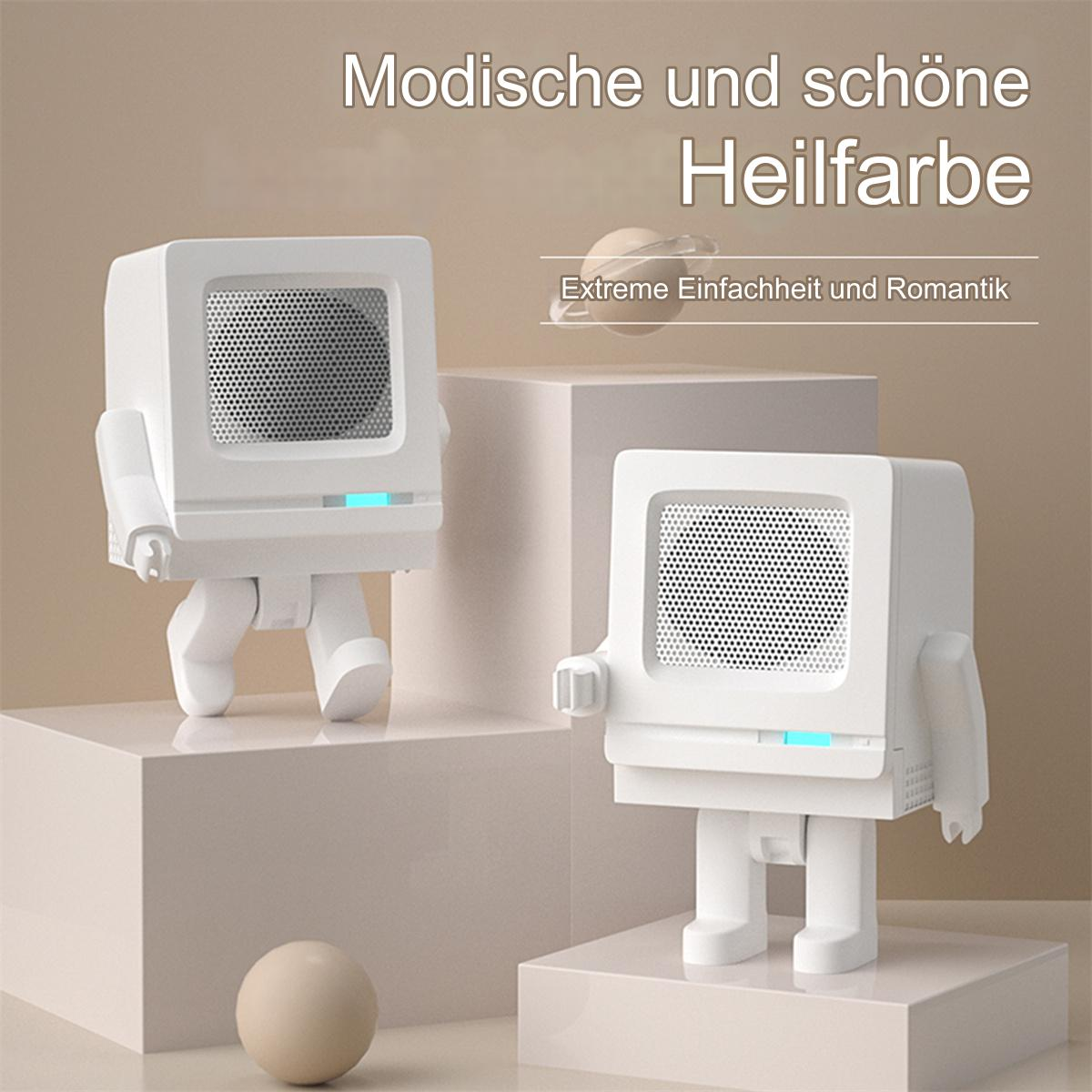 Zwei weiße roboterartige Lautsprecher. Blaues Licht, Text auf Deutsch. Beige Kugel auf weißer Plattform.
