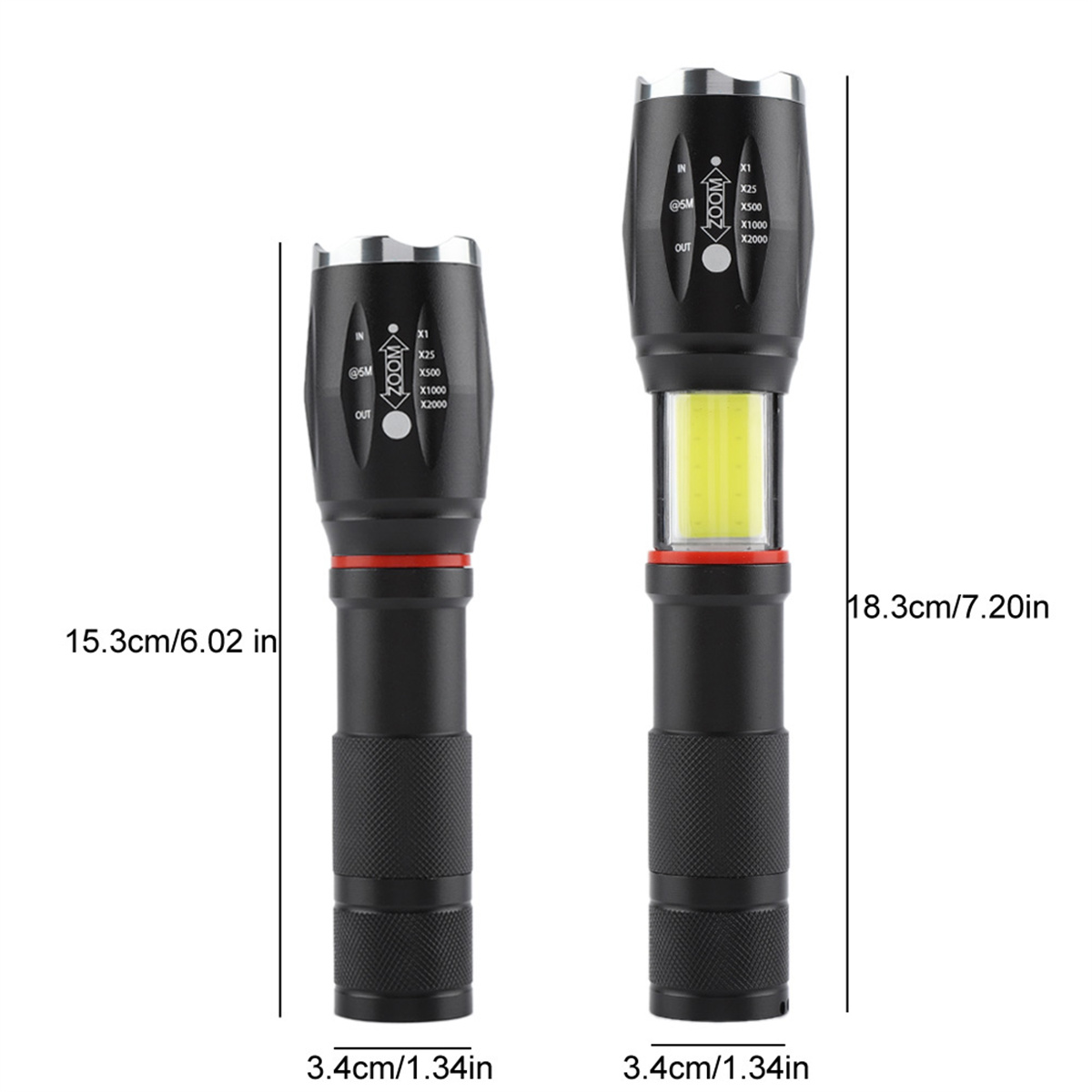 Zwei schwarze Taschenlampen, Abmessungen und Zoom-Info.